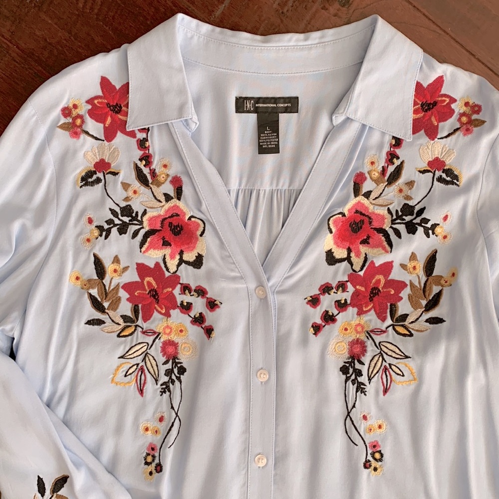 INC Blue Embroidered Blouse, Size Large, 100% Rayon